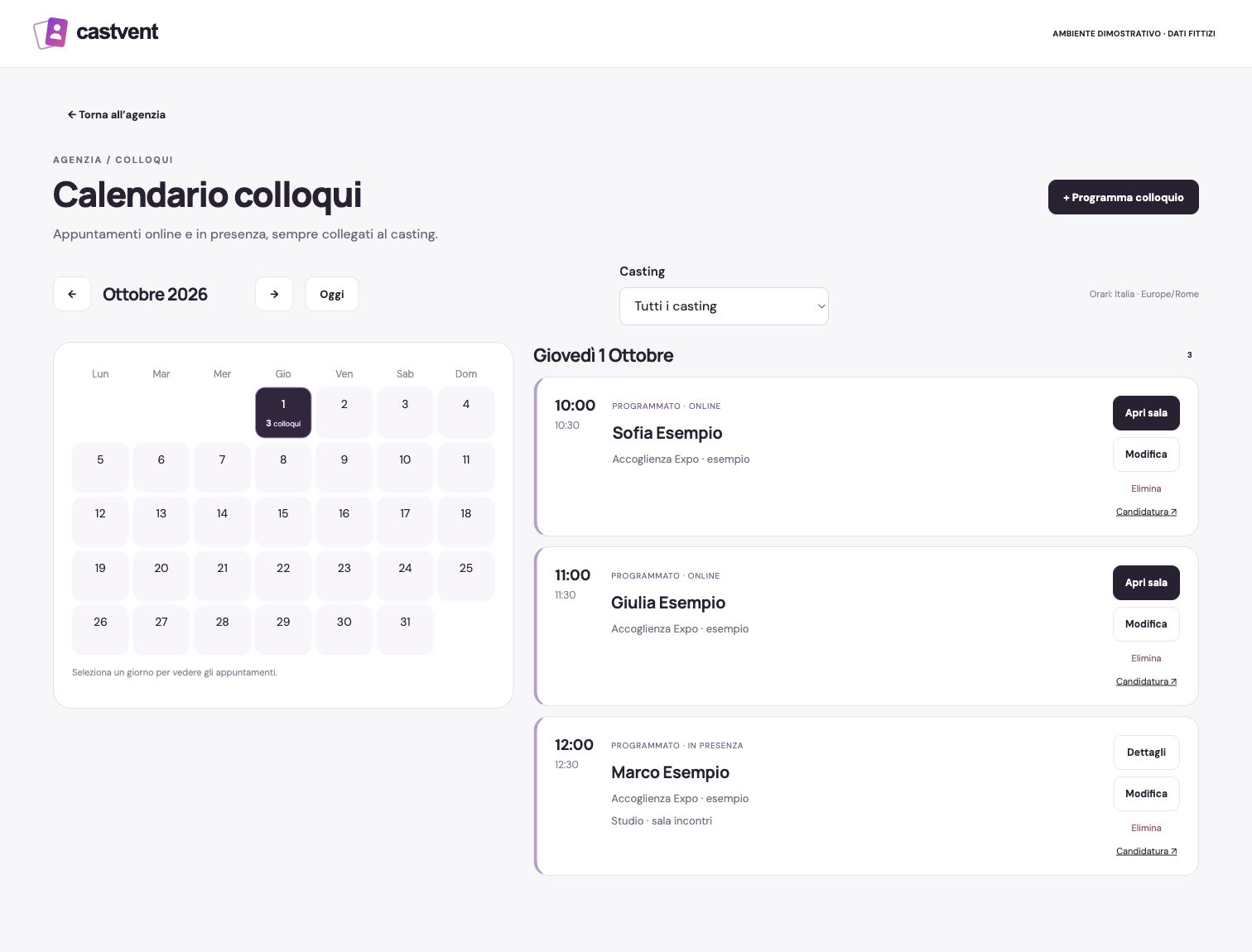 Calendario dei colloqui online e in presenza