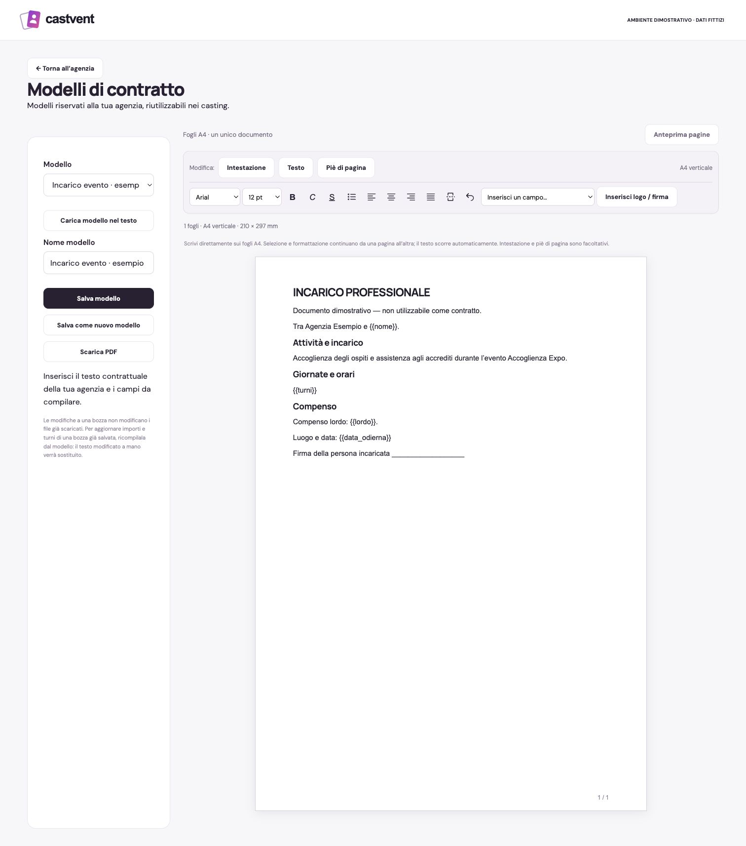 Interfaccia CastVent con dati dimostrativi
